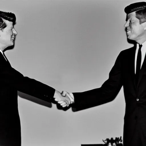 Image similar to black and white photo of president kennedy shaking hands with an alien