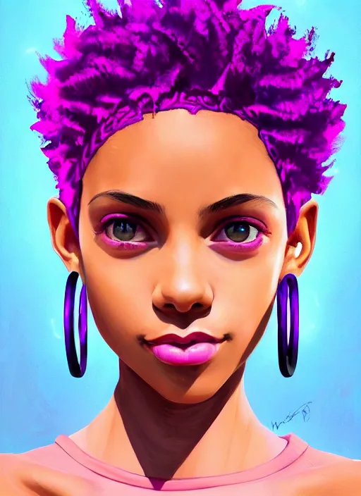 Image similar to portrait of teenage vanessa morgan with bright pink hair, black girl, curly pixie cut hair, wearing a purple breton cap, breton cap, hoop earrings, intricate, elegant, glowing lights, highly detailed, digital painting, artstation, concept art, smooth, sharp focus, illustration, art by wlop, mars ravelo and greg rutkowski