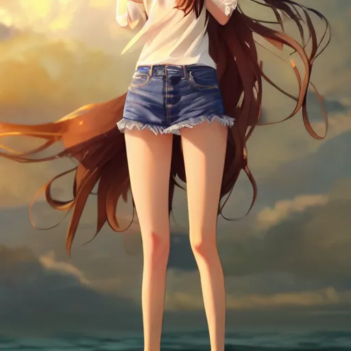 Image similar to a very beautiful anime girl, full body, long golden hair, sky blue eyes, full round face,cute face, short smile, mini jeans skirt, cute top, beach setting, cinematic lighting, medium shot, mid-shot, highly detailed, trending on Artstation, Unreal Engine 4k, cinematic wallpaper by Stanley Artgerm Lau, WLOP, Rossdraws, James Jean, Andrei Riabovitchev, Marc Simonetti, and Sakimichan