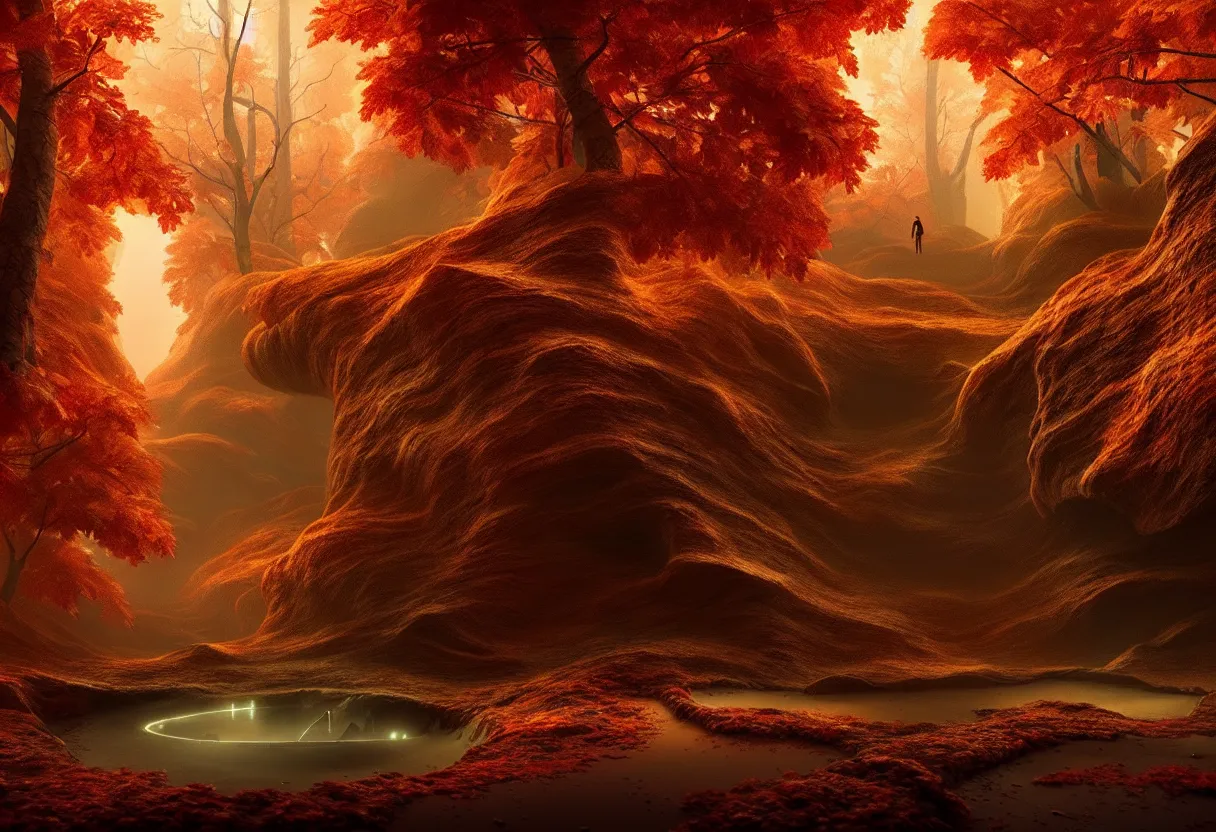 Image similar to inside of alien autumn colored flowing landscape of human mind and imagination, matte painting, beautiful render, octane render, concept art