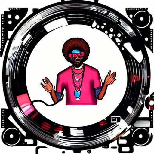 Image similar to svg sticker of a Dancing-Ben-Harper-Snoop-Spike-Lee-with-a-large-Afro-Puff, at a rave, spinning records, giant headphones rocking out, wearing headphones, huge speakers, dancing, rave, DJ, spinning records, digital art, amazing composition, rule-of-thirds, award-winning, trending on artstation, featured on deviantart