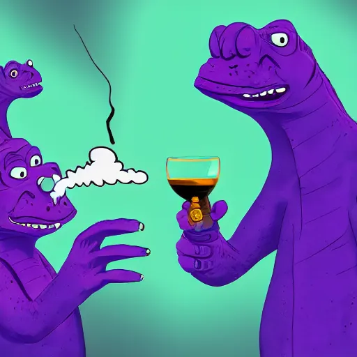 Image similar to barney the purple dinosaur from kids show drinking whisky at a bar and smoking a cigar, portrait art, digital art, trending on artstation