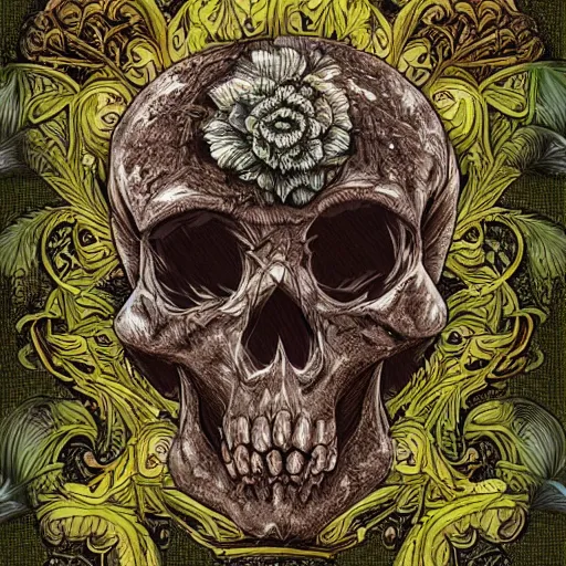 Prompt: detailed rotten skull corpse with fractal plants and fractal flowers and mushrooms growing around, symmetrical, ornate, ornamentation, illustration, in the style of onz _ blk