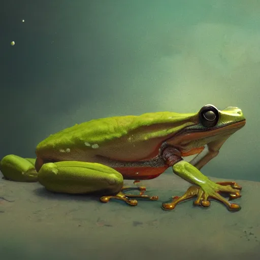 Image similar to long shot of an alien frog, by esao andrews, by m. w. kaluta, by james web telescope, ultra humorous beautiful oil painting, cinematic space scenery, small depth of field, depth perception, volumetric light, rich colors, 3 d octane render, 8 k, conceptart, hyperdetailed, hyperrealistic, trending on artstation