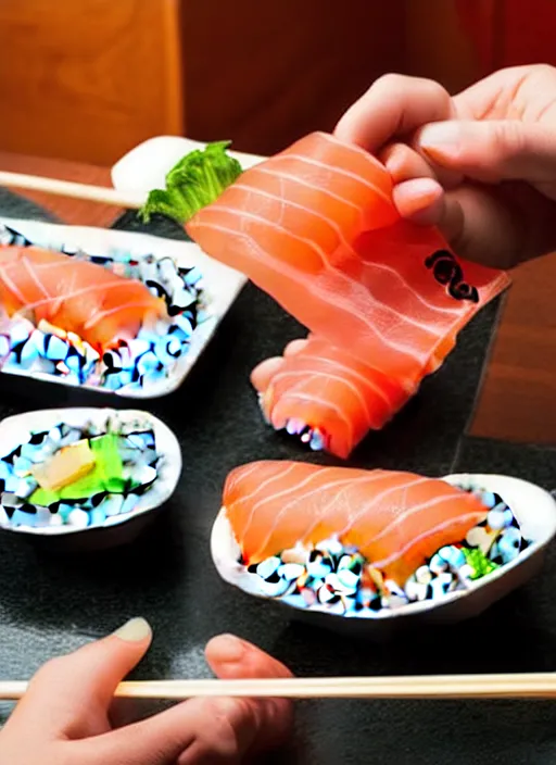 Image similar to clear photograph of cute cats stealing sushi from sushi plates