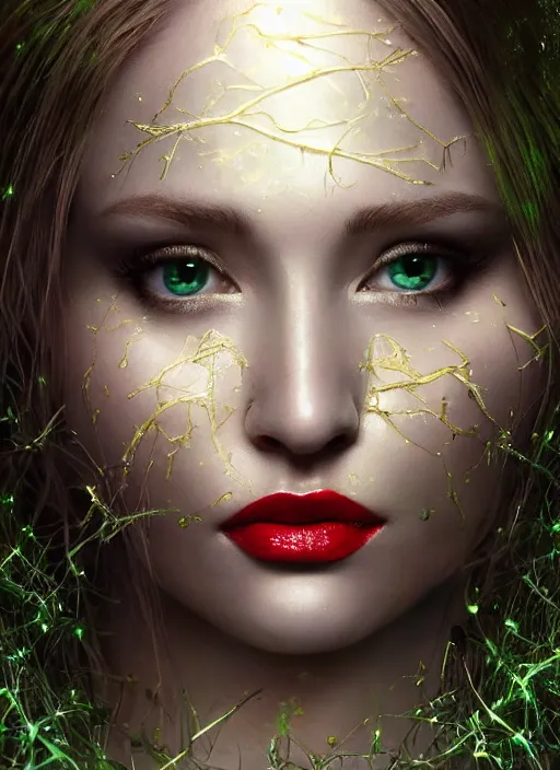Image similar to glowing silver and golden elements, full close-up portrait, Faye Reagan as a dark witch, book cover, green forest, white moon, red lips, establishing shot, extremly high detail, photo-realistic, cinematic lighting, pen and ink, intricate line drawings, by Yoshitaka Amano, Ruan Jia, Kentaro Miura, Artgerm, post processed, concept art, artstation, matte painting, style by eddie, raphael lacoste, alex ross