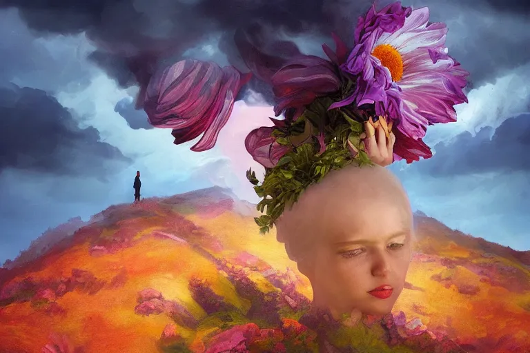 Image similar to giant dahlia flower crown under head, portrait girl on mountain, surreal photography, blue storm clouds, dramatic light, impressionist painting, digital painting, artstation, simon stalenhag