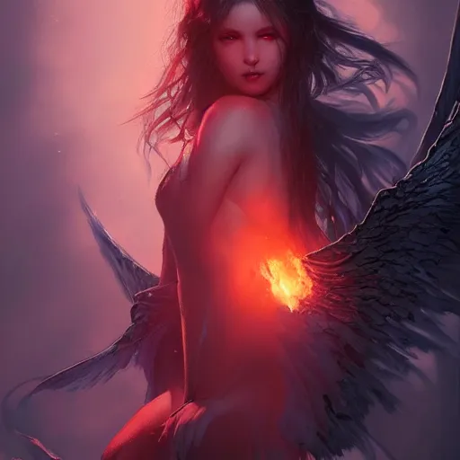 Image similar to young vampire princess with burning wings 4 k high definition gorgeous dramatic lighting artstation trending path traced contrast light and dark cinematic breathtaking by christensen, james c. and noriyoshi ohrai