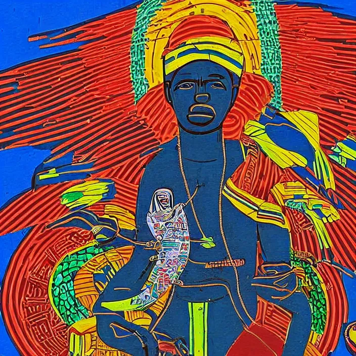 Image similar to UFO hovering over an African Jesus , colourful, in the style of Nigerian truck art (Eagle & Snake, Kano),