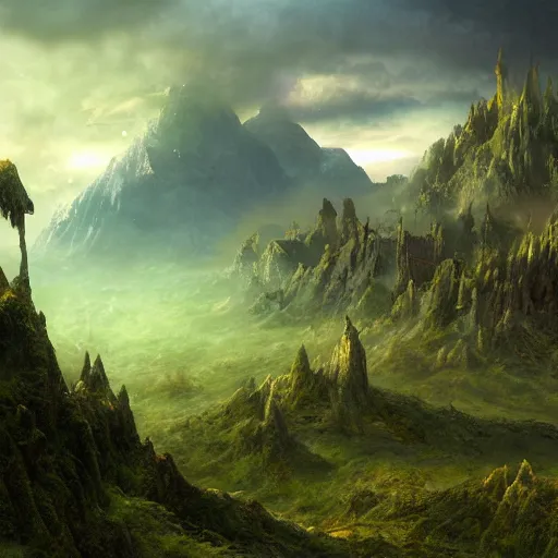 Prompt: a fantasy landscape, epic, concept art, 3 d, david noren, belzinski