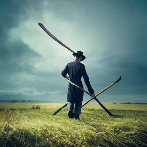 Prompt: full body, concept art, man with scythe, mowing of the hay, traditional hungarian clothing, dramatic lighting, beautiful, volumetric lighting, colorful, octane render