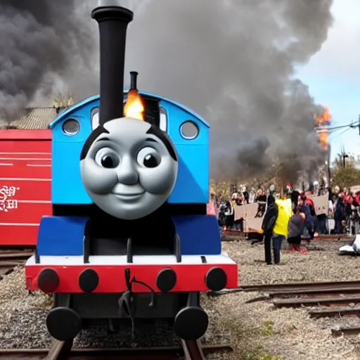 Prompt: Thomas The Tank Engine blowing black smoke from his chimney at a climate protest