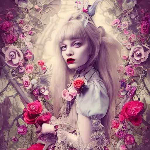 Prompt: Alice in Wonderland at the tea party, she looks like a mix of grimes, Aurora Aksnes and Zendaya, childlike, billowing elaborate hair and dress, strings of pearls, surrounded by red and white roses, digital illustration, inspired by Aeon Flux, Japanese shoujo manga, and Alexander McQueen fashion, hyper detailed, dreamlike, incredibly ethereal, super photorealistic, iridescent, dichroic prism, speckled, marbling effect, tulle and lace, extremely fine inking lines