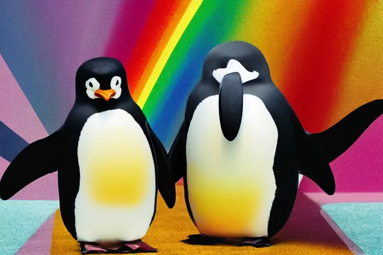 Image similar to a cinematic photo of a penguin, rainbow, lemonade, masterpiece