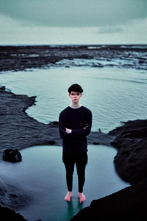 Image similar to high quality pastel coloured film mid angle docu photograph of a beautiful young 2 0 year old male, soft features, short black hair, clothed and painting an icelandic black rock pool environment. atmospheric. three point light. photographic. art directed. ( pastel colours ). volumetric light. clearcoat. waves glitch. 8 k. filmic.