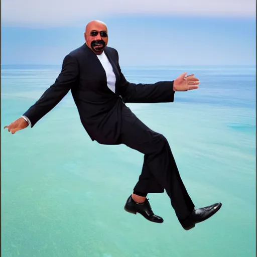 Image similar to Steve harvey hanging off the edge of a blue cliff