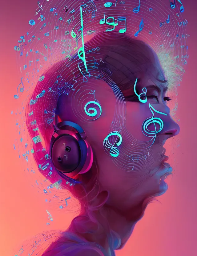 Image similar to 3 d goddess of music and 🔊 wide angle portrait with musical notes, headphones, subwoofers, and speakers. music, wave frequencies, cymatics. auditory symbiogenesis, synaesthesia, polyphonic communication, sonic projection, artwork by tooth wu and android jones wlop and android jones and beeple and greg rutkowski