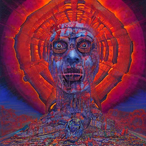 Image similar to a grand scale painting of lament configuration box floating above skinned bloody man in hell by clive barker and alex grey and lisa frank and beksinski