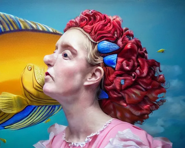 Prompt: an innocent and beautiful scene in hyper realistic style, about an old and lonely woman painting a huge colorful fish on the wall, and modeling a victorian dress. a huge and colorful fish sits on her head. 4 k. wide angle. wild. red mouth, blue eyes. deep focus, lovely scene. ambient occlusion render. unreal engine.