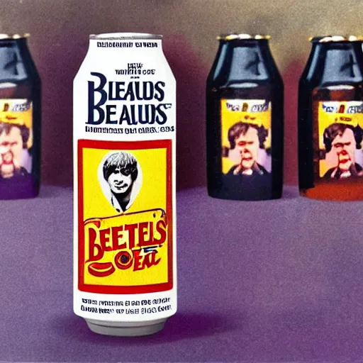 Prompt: an advertisement for a beatles soda, with the beatles pasted on the packaging, soda bottle with a small illustration of the beatles pasted on the packaging.