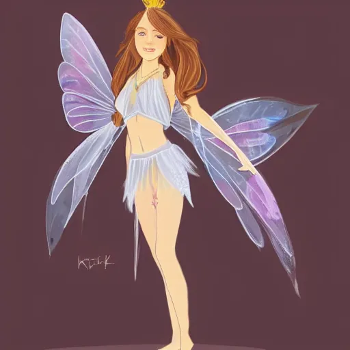 Image similar to very very very beautiful fairy princess with fairy wings, bare midriff, one foot raised off the ground, full body portrait, eye contact, smiling, flirty, perfect face, perfect body, drawn by keith garvey