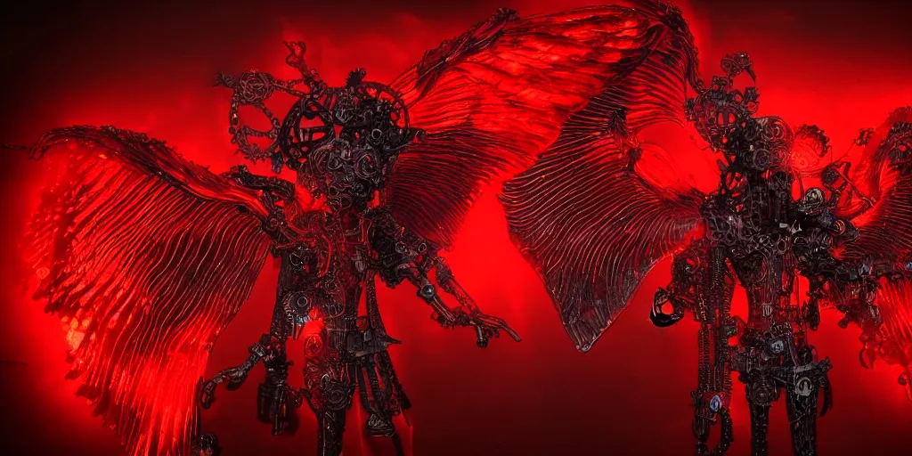 Image similar to pair of red mechanical demon wings, steampunk style, highly detailed, red houdini particle effects, glow, black background