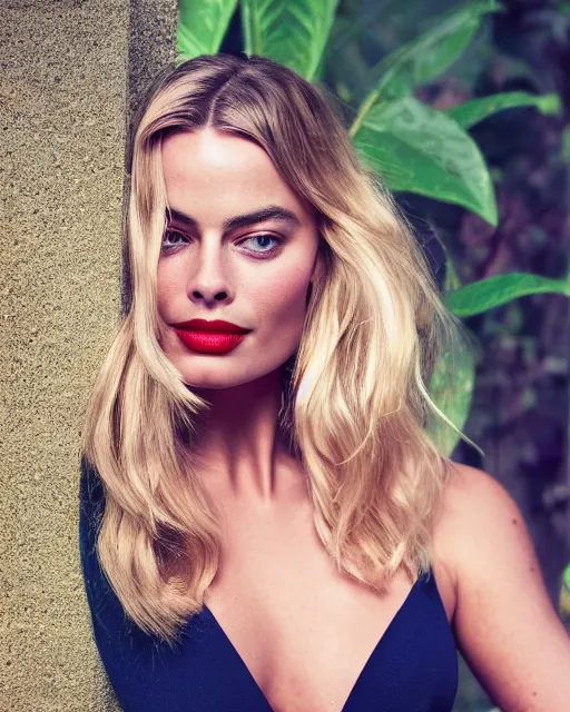 Image similar to Beautiful Head and shoulders portrait of confident flirty margot robbie with straight long blonde hair, wearing a camisole and standing in an urban alley Zoë Mozert , alberto Vargas, arney freytag, artstation, fashion photoshoot, posing in an urban jungle, fashion pose, octane, 4k