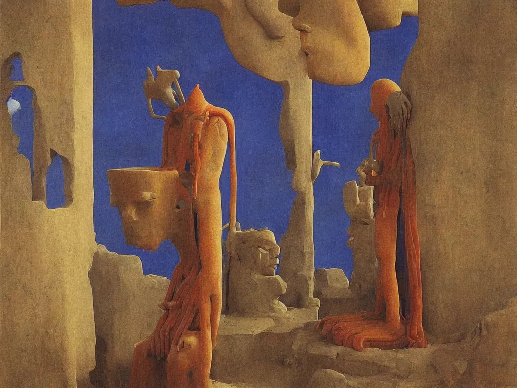 Prompt: Albino mystic with his back turned, looking in the distance at giant totemic archaic sculpture mask temple made from Lapis Lazuli. Painting by Jan van Eyck, Beksinski, Rene Magritte, Agnes Pelton, Max Ernst, Walton Ford