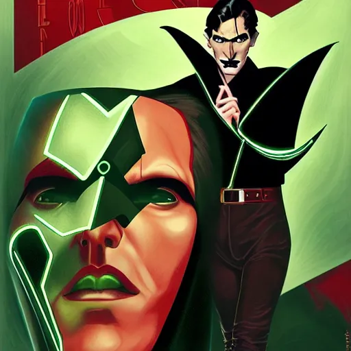 Prompt: Adam Hughes comic art, wide shot, handsome elegant male Nikola Tesla, futuristic spy, kabuki mask, beautiful evil sneer, symmetrical face, symmetrical eyes, leather clothing and boots, long straight green black hair, full body, Indigo occult pattern