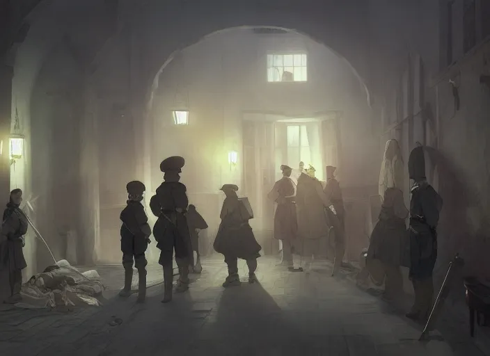 Image similar to 1 8 5 4 crimean war, army hospital in scutari at night, wounded patients in beds on both sides of hospital ward, dark, grimy, finely detailed perfect art, painted by greg rutkowski makoto shinkai takashi takeuchi studio ghibli