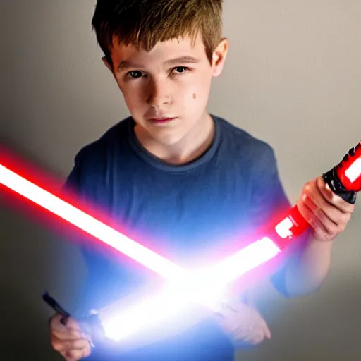 Prompt: boy holding a lightsaber, cinematic art