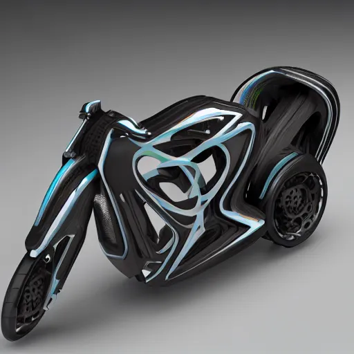 Prompt: futuristic motorbike with a generative design exoskeleton frame, dark plastic, reflective, octane render, fusion360