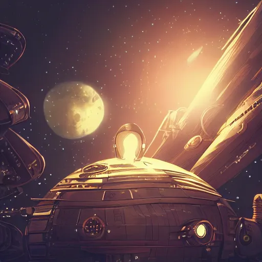 Prompt: steampunk futuristic spaceship, space, stars, moon, extremely detailed, particles, steam, cinematic lighting, anime, studio ghibli, cyberpunk, retro, reflective,