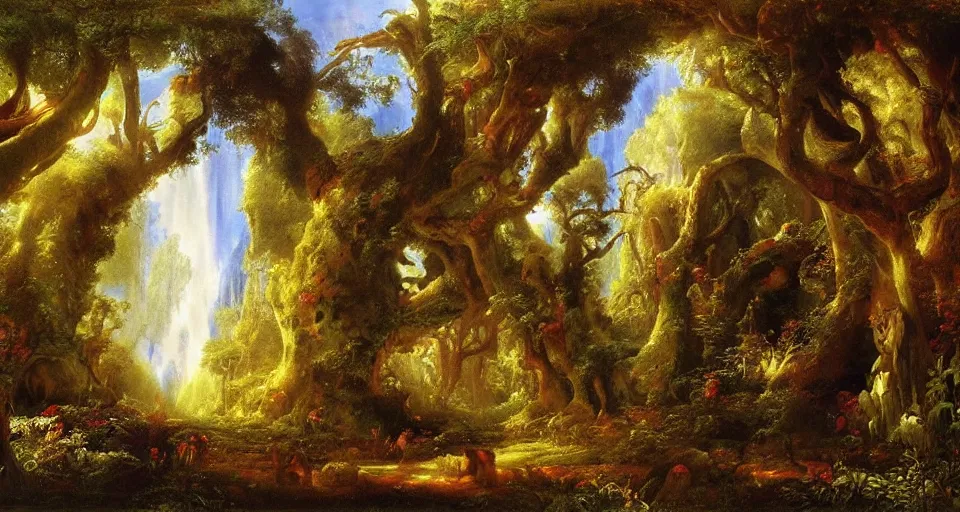 Image similar to Enchanted and magic forest, by John Martin