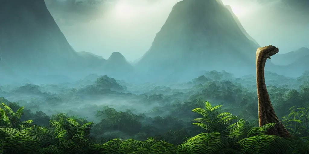 Prompt: a distant prehistoric fern jungle, a distant sauropod head in the background, mountains, clouds, volumetric lighting, hazy, washed out, an award winning digital render, beautiful, ultradetailed, hyperrealistic, great composition