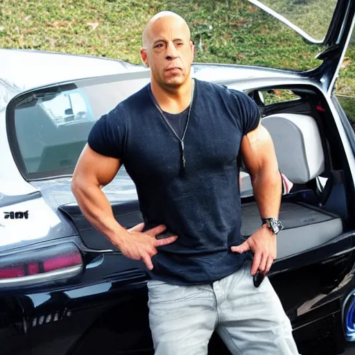 Prompt: Vin Diesel with a mulet beside a euro tuning car