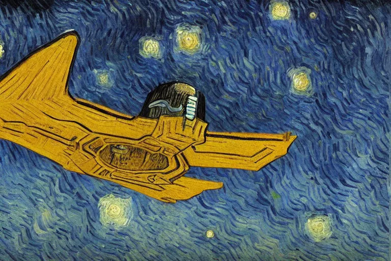 Prompt: detailed oil painting of an Imperial Shuttle spacecraft flying away from earth by Vincent van Gogh