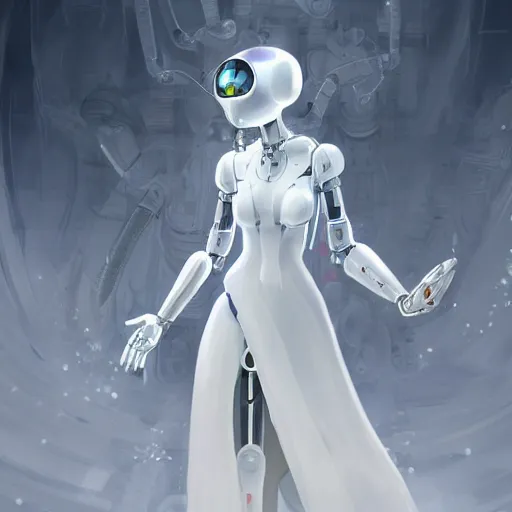 Prompt: a mystic robot goddess with white dress trying to create human being in her hands, digital art, concept art, trending on artstation, 8 k detailed