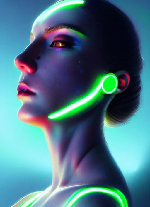 Image similar to photorealistic an american female humanoid with freckle cheeks, cyber neon lightings, futurism, cyberpunk high fashion, elegant profile pose, intricate details, crispy quality, digital photography, trending in artstation, trending in pinterest, no watermark signature, cinematic, 4 k ultra hd, art by artgerm, art by greg rutkowski, art by pascal blanche