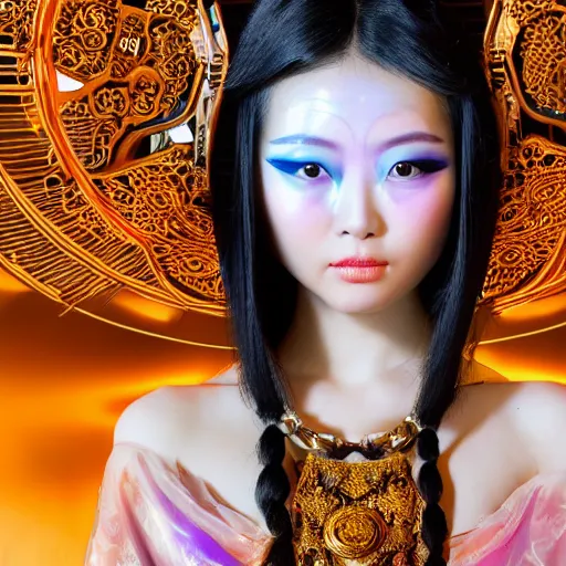 Image similar to photo shoot pose photo of beautiful Chinese ancient princess standing in the corridor in the space ship, symmetrical face, big eyes and lips, looking down, subtle makeup, clean face and body skin,ecstatic expression, ornamental jewelry and ancient translucent clothes, futuristic space ship interrior, wires with lights,depth of field, lens flares, dust in the air, moody lighting, moody photography, old photo, black and white, sepia, cinematic lighting, cinematic angle, editorial photography