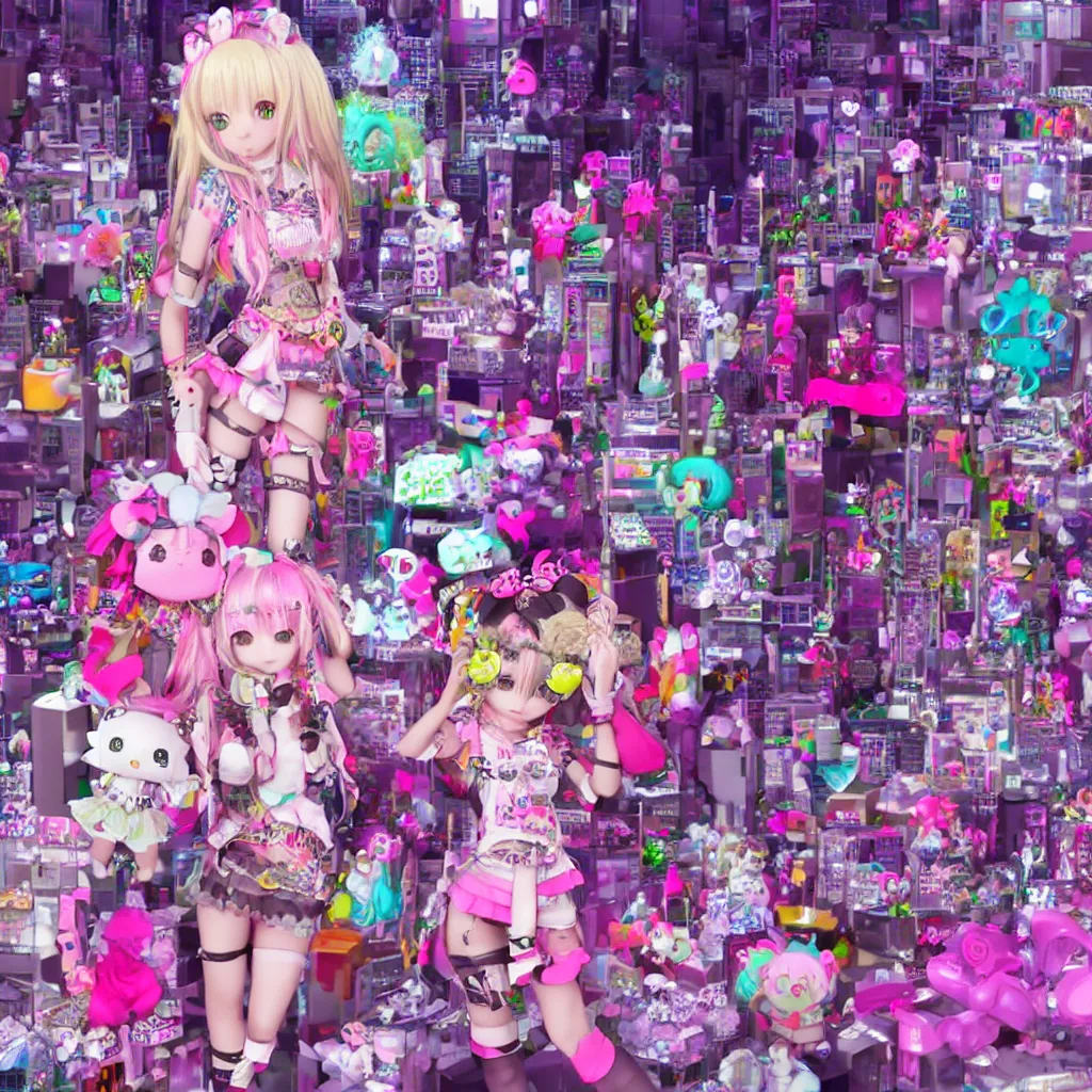 Image similar to 3 d anime render of a decora gyaru kawaii cybergoth emo fashion model vtuber, in a cyberpunk blade runner maximalist city of my melody sanrio plushies, artstation cgsociety