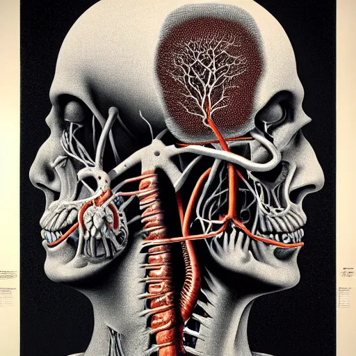 Image similar to surreal lung head anatomical atlas dissection center cut, lithography on paper conceptual figurative ( post - morden ) monumental dynamic soft shadow portrait drawn by hogarth and escher, inspired by goya, illusion surreal art, highly conceptual figurative art, intricate detailed illustration, controversial poster art, polish poster art, geometrical drawings, no blur