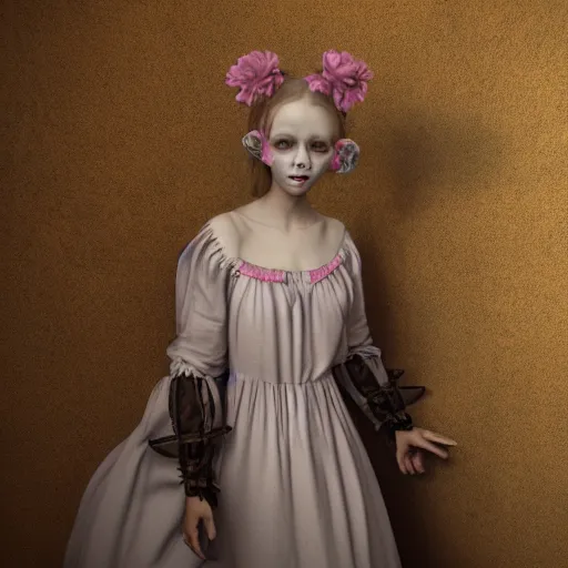 Image similar to 8 k, octane render, realism, tonalism, renaissance, rococo, baroque, cotton candy, portrait of a creepy young lady wearing long 1 9 7 0 s babydoll dress with flowers and skulls