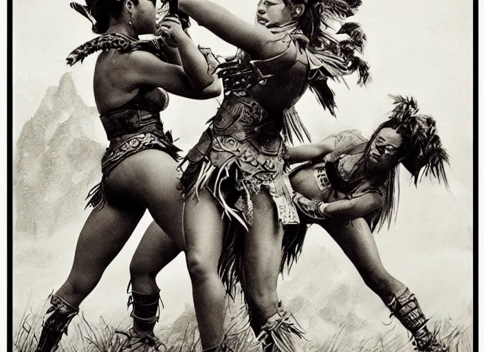 Prompt: Battlefield, two aztec warrior females fight, epic ,old photo, vintage, black and white, Boris vallejo, sepia