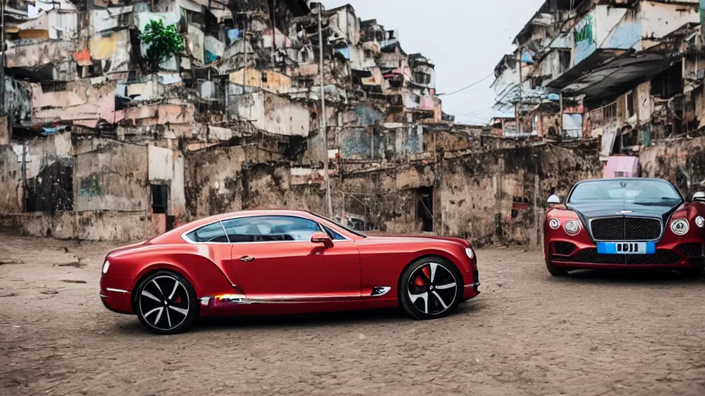 Prompt: a brand new Bentley Parked in the favelas of rio dejaniero