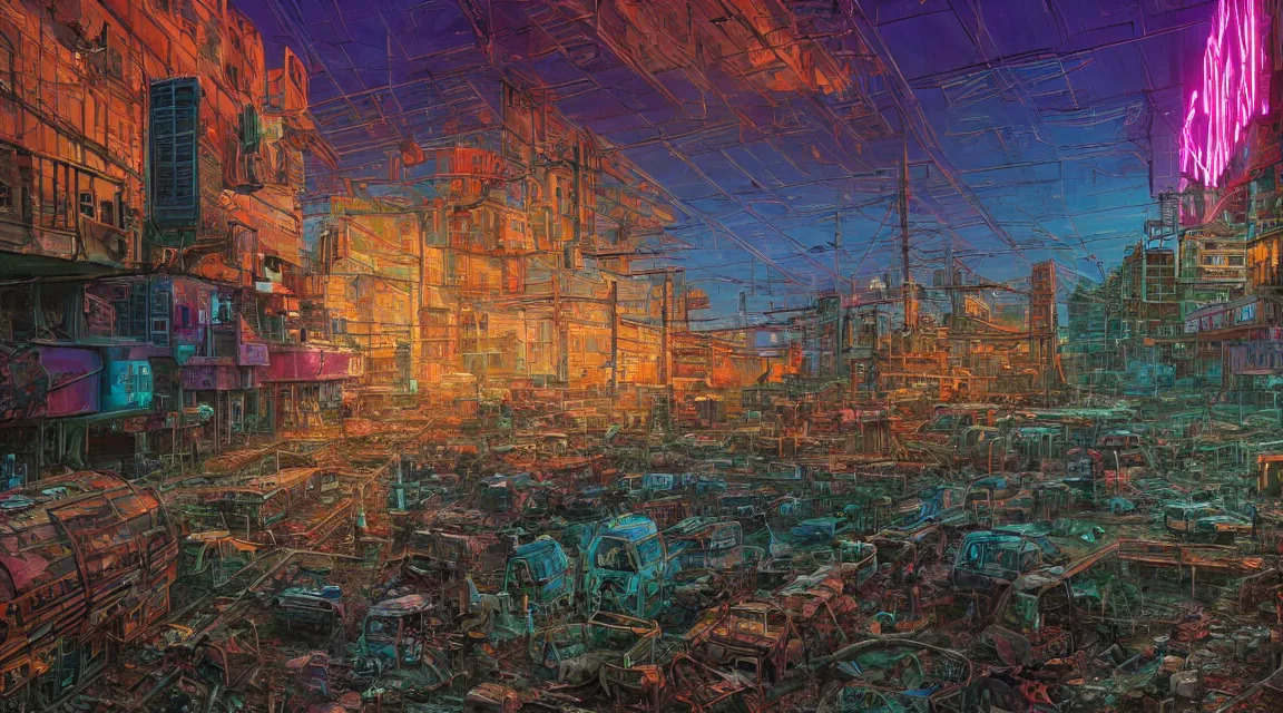 Image similar to Very highly detailed photo, post apocalyptic building, synthwave neon retro, by Vladimir Manyukhin, by Simon Stålenhag, by Guido Borelli, by Nathan Walsh, by Peter Gric, deviantart, trending on artstation, Photorealistic, vivid colors, polychromatic, glowing neon, geometric, concept art digital illustration, polished, beautiful, HDR Unreal Engine 64 megapixels IMAX Terragen 4.0, 8k resolution concept art filmic complex utopian mysterious moody futuristic