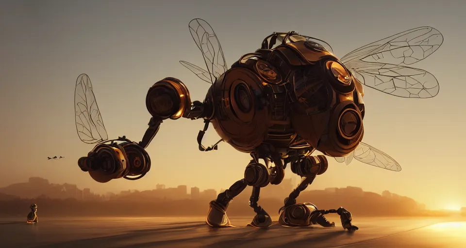 Image similar to insect robot, hyperdetailed, artstation, cgsociety, golden hour 8k