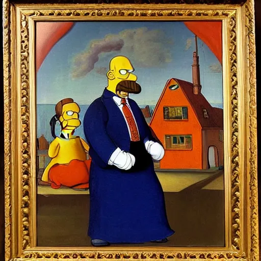 Image similar to vividly colorful oil painting portrait of Homer Simpson wearing aristocratic dress in the style of Cranach the Younger