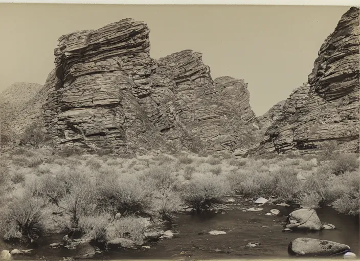 Image similar to Distant view of a huge mesa with a rocky river in the foreground, surrounded by sparse desert vegetation, rocks and boulder, albumen silver print, Smithsonian American Art Museum