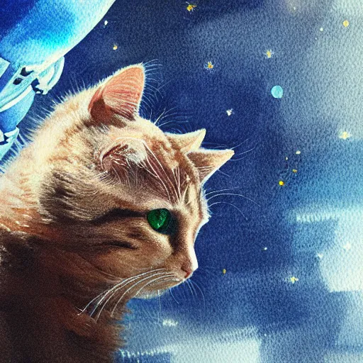 Image similar to cat doing mathematics in space. watercolor. amazing painting. high resolution. highly realistic. cool tones. close - up. 8 k. trending on artstation.